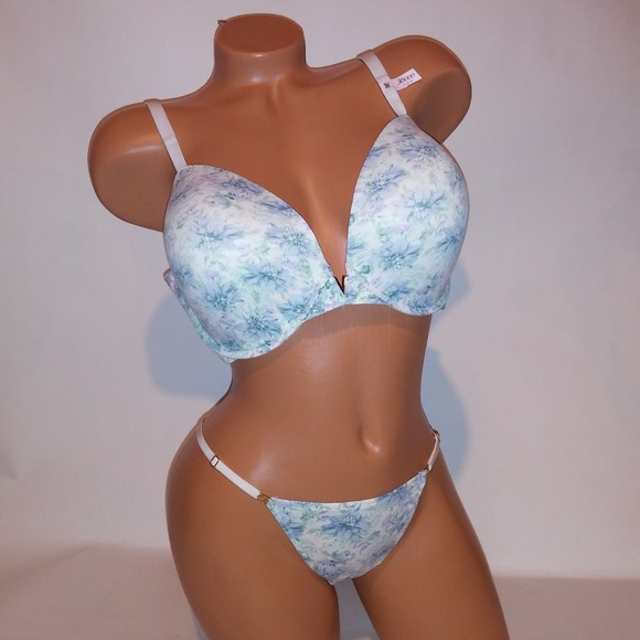 Victoria Secret Bra Set 36DDD Push Up Medium Thong Panty Blue White Floral New - Picture 3 of 11